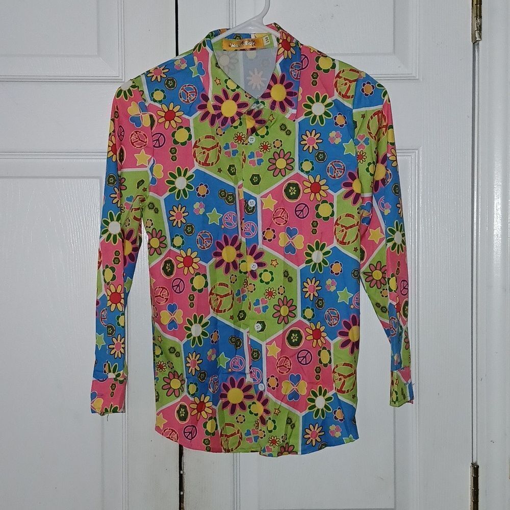 BesserBay flower child hippie peace 70's button shown shirt Unisex Sz XL 11-12Y